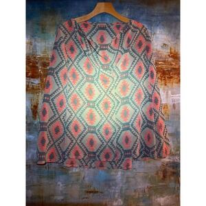 Unbranded Womens Boho Geometric Diamond Print Split Neck Bell Sleeve‎ Top Large